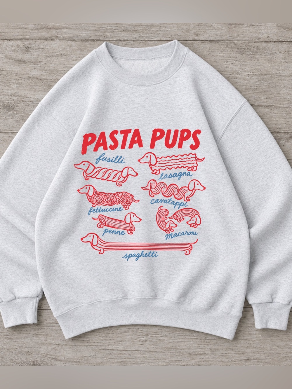 Gildan Gray Dachshund Spaghetti Sweatshirt with Red & Blue Pasta Pups Graphic
